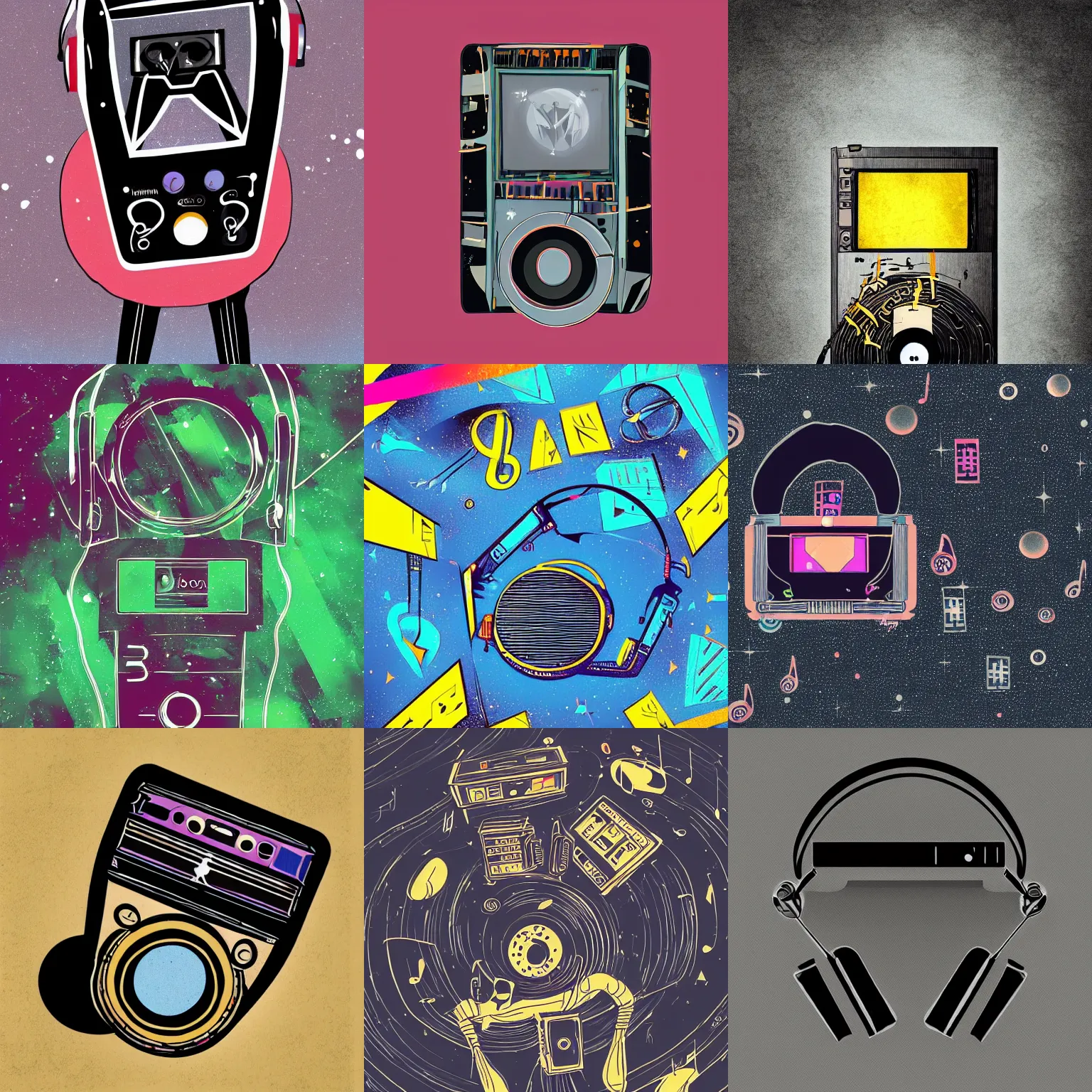 Prompt: walkman lost in space, surrounded by music, dark colors, digital art, hd, stylized, minimal, abstract