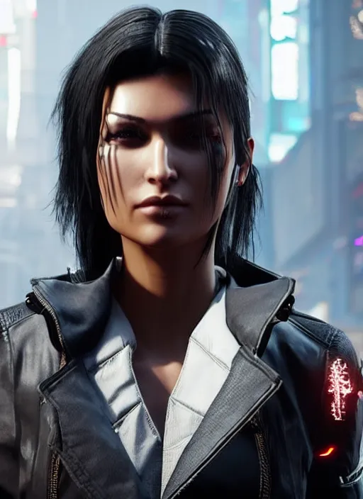 Image similar to black haired woman in a trench coat in a black cyberpunk 2 0 7 7, intricate, ultra detailed, face enhance, realistic