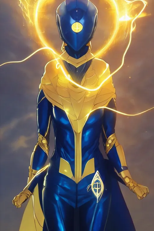 Image similar to anime key visual of a beautiful young female doctor fate!! intricate, gold and blue suit, cape, glowing, powers, dc comics, cinematic, stunning, highly detailed, digital painting, artstation, smooth, hard focus, illustration, art by artgerm and greg rutkowski and alphonse mucha