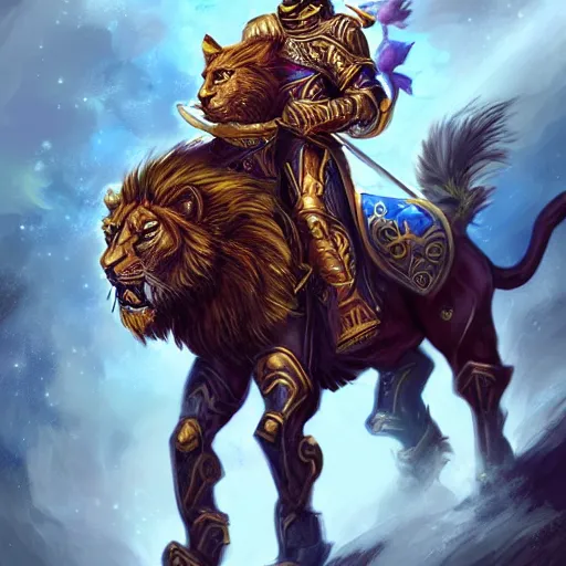 Prompt: a knight riding a royal lion, 4 k, art station, digital fantasy painting, majestic, intricate, beautiful, warcraft