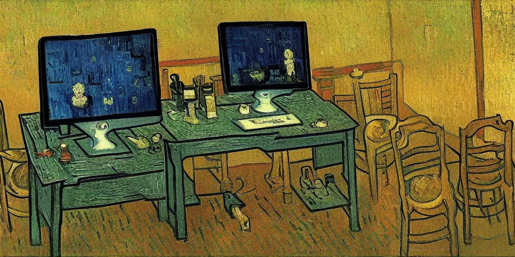 Image similar to An oil painting of a table with a computer on it, by Van Gogh