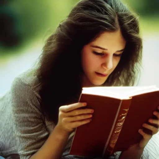 Image similar to a girl reading a book, hair flowing down, by jeff bridges