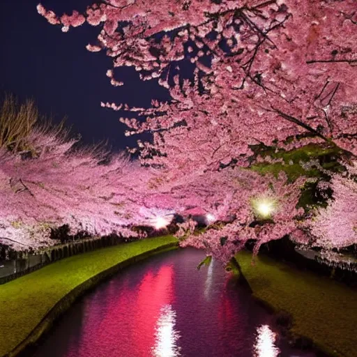 Image similar to sakura is in bloom. night. the radiance of the earth.