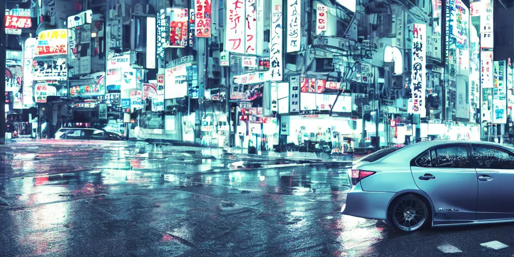 Prompt: tokyo vaporwave black lexus ct 2 0 0 h origami neon signs raining, hyper realisitic wet pavement