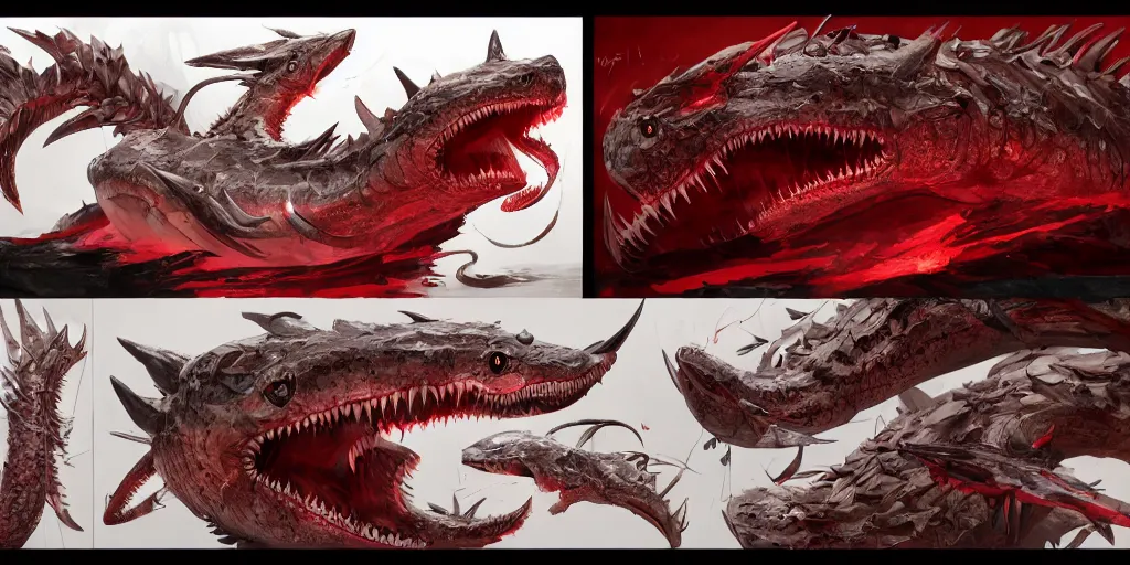 Image similar to Pearl white mechanical serpent shark character design sheet, Monster Hunter Illustrations art book, sharp teeth, crimson red gradient on its face, long and sharp tail, bright shining eyes, Moebius, Greg Rutkowski, Zabrocki, Karlkka, Jayison Devadas, Phuoc Quan, trending on Artstation, 8K, ultra wide angle, zenith view, pincushion lens effect.