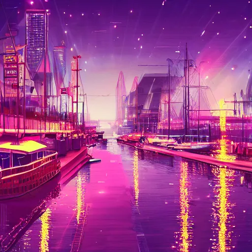 Image similar to the city lights were bright pink and orange and shone overhead. the harbour looked beautiful the sun reflecting off of the water and the neon lights of the city gave of a warm feeling, trending on artstation