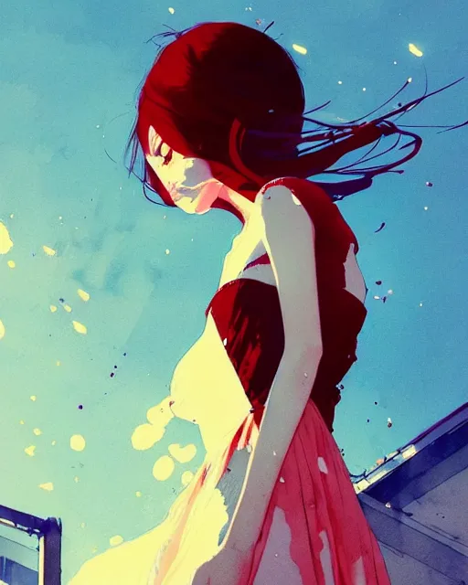 Image similar to close up, captivating, memorable, a ultradetailed beautiful photo of a unique woman wearing a cotton dress standing too too too close, staring at you by conrad roset, greg rutkowski and makoto shinkai trending on artstation