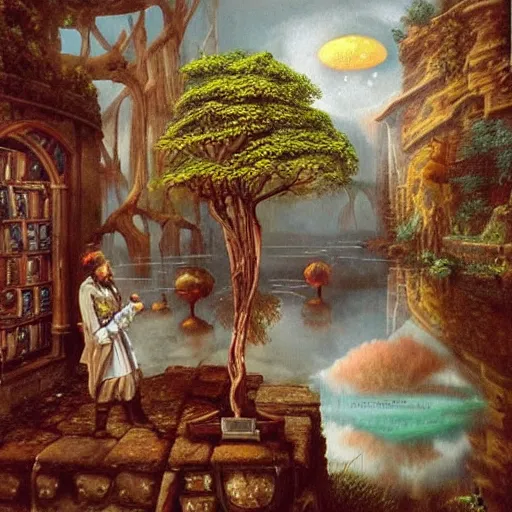 Image similar to Alchemists dream with magical reflections of knowledge lost in time ultra high quality surrealism