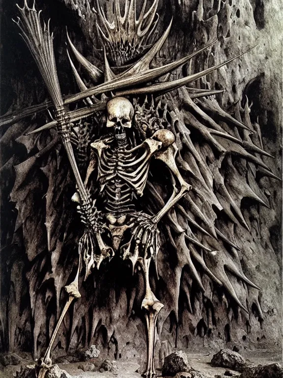 Image similar to A spiked horned skeleton with armored joints stands in a large cave with a huge weapon. Extremely high detail, realistic, fantasy art, solo, masterpiece, bones, ripped flesh, art by Zdzisław Beksiński, Arthur Rackham, Dariusz Zawadzki