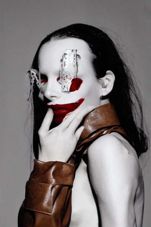 Image similar to margiela campaign featuring the violator as a female cowgirl, long eyeslashes, big juicy lips, big seductive eyes