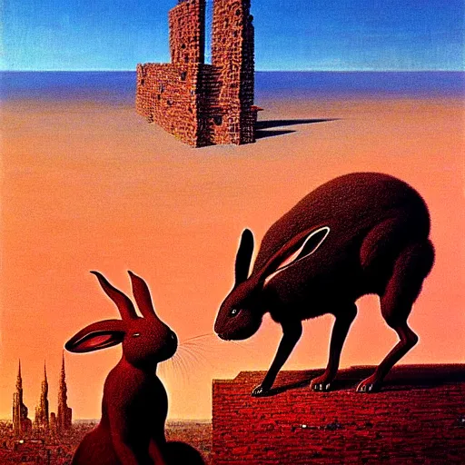 Image similar to a giant rabbit stands over a city painting by beksinski, by larry elmore, dali colors. masterpiece painting