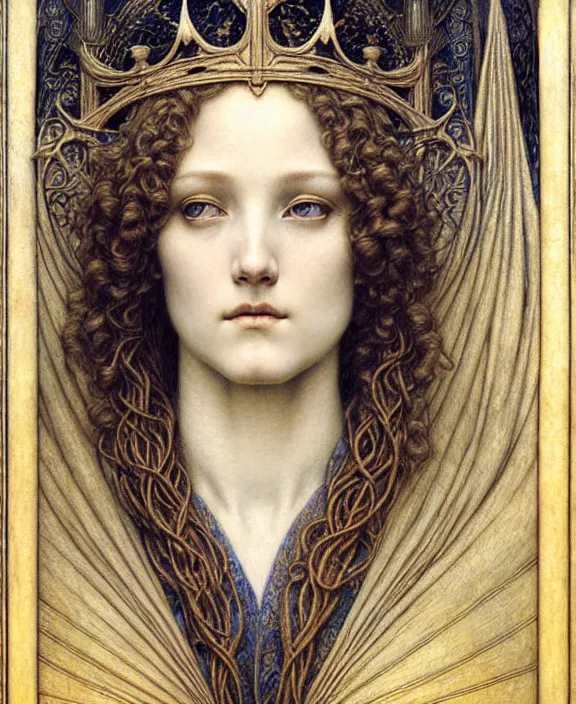 Image similar to detailed realistic beautiful young medieval queen face portrait by jean delville, gustave dore and marco mazzoni, art nouveau, symbolist, visionary, gothic, pre - raphaelite. horizontal symmetry