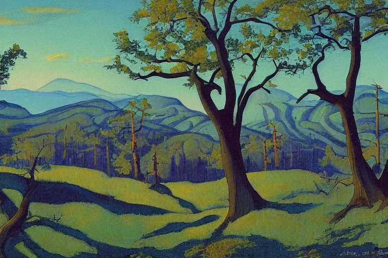 Prompt: masterpiece painting of oak trees along the ridge at dawn, by a. j. casson and john watkiss and edward okun and dan munford and kelly freas and lawren harris