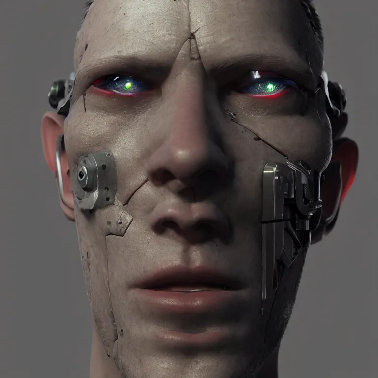 Prompt: a mugshot of a cyborg criminal, octane render, volumetric lighting, nvidia raytracing demo, by Andy Thomas, Mario Martinez, Daniel Mirante, Gustave Dore, Artstation, CGsociety, masterpiece