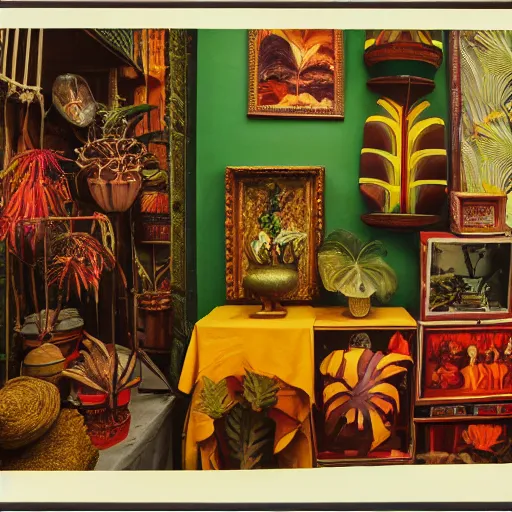 Image similar to An offset photography of a composition of five object on display, colors, (anthropology of wonder), ((((exotic artifacts)))), bauhause, tropicalism, (colonial expedition), exhibition print, 60s style