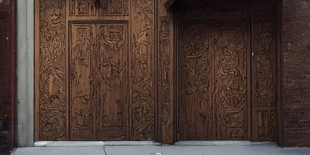 Prompt: photo of a wooden door with engravings on a city street in modern new york. architecture. trending on artstation. cgsociety. art by greg rutkowski and moebius.