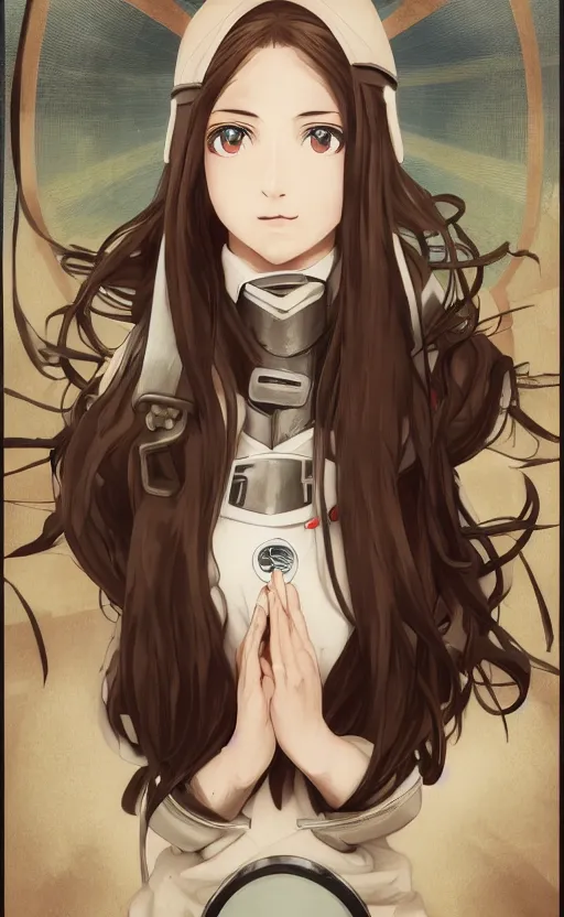 Prompt: german pilot girl, anime style, pilot oxygen mask, long hair, hair down, symmetrical facial features, ww2 era, hyper realistic, pale skin, 4k, rule of thirds, extreme detail, detailed drawing, trending artstation, hd, konpeki no kantai, D&D, realistic lighting, by Alphonse Mucha, Greg Rutkowski, sharp focus, backlit, soldier clothing