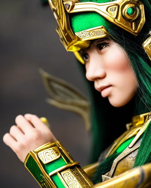 Image similar to a beautiful close up photo of a female Asian elf ranger with long hair and green eyes, no helmet, wearing green and gold futuristic mecha armor, with ornate rune carvings and glowing lining, very detailed, shot in canon 50mm f/1.2