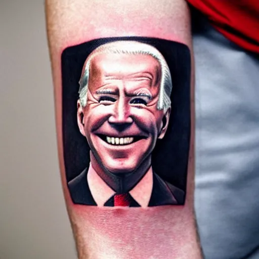 Prompt: tattoo of Joe Biden printed on a man’s arm