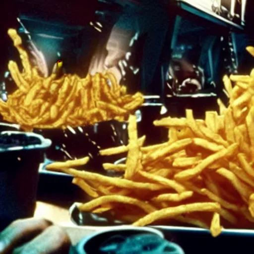 Image similar to Monsters made of French Fries fighting Star Fleet Officers in the mess, film still from the movie directed by Denis Villeneuve with art direction by Salvador Dalí,