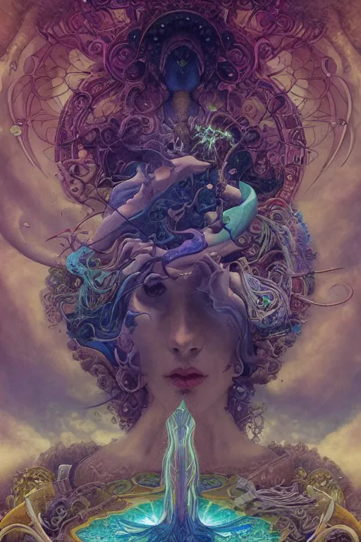 Image similar to the world, tarot card, fantasy drawing made of fractals, ultra realistic, wide angle, art nouveau, intricate details, rainbowshift, vivid colors, highly detailed by peter mohrbacher, wayne barlowe, maxfield parrish, aaron horkey, gaston bussiere, craig mullins