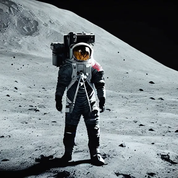 Image similar to dustin bates from starset band in sci fi uniform doing an epic cinematic pose on the moon, highly detailed, my demons video, masterpiece