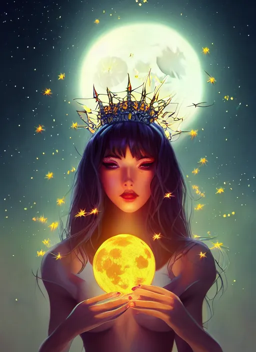 Image similar to queen of the night surrounded by fireflies with the fullmoon in the background, highly detailed, artgerm style, artstation, soft light, sharp focus, illustration, character design, concept art