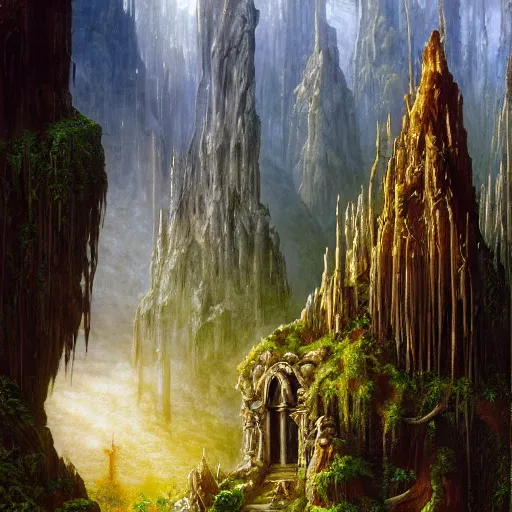 Prompt: a beautiful and highly detailed oil painting of an elven temple deep in the misty mountains, secret valley, tall spires, beautiful trees, runes carved into the stone, intricate details, epic scale, insanely complex, 8 k, sharp focus, hyper realism, fantasy landscape, psychedelic, by caspar friedrich, brian froud, albert bierstadt,