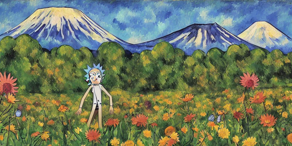 Prompt: Rick and morty in a Field of mixed flowers, Mount Fuji blurred in the background, good news on Sunday, Cézanne style,XIXth century painting with gold frame