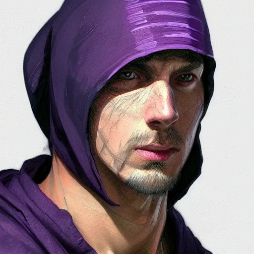 Image similar to ultra realistic illustration, man in a black hood, in a striped purple balaclava, mysterious, highly detailed, digital painting, artstation, concept art, smooth, sharp focus, illustration, art by artgerm and greg rutkowski and alphonse mucha