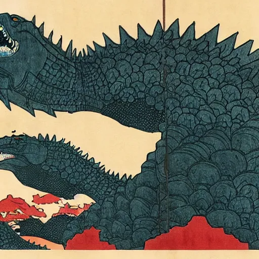 Image similar to Godzilla attacks Tokyo in the style of Hokusai