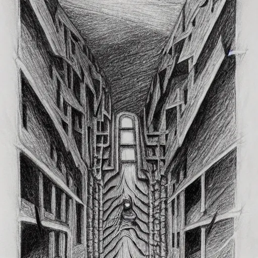 Image similar to apocalypse as drawn by escher using charcoals