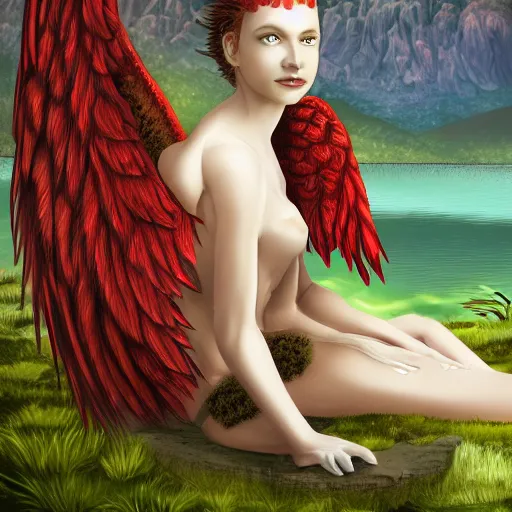 Prompt: prompt Young Harpy-Girl, red feathered wings for arms, humanoid woman, sad expression, sitting at a pond, mountainous area, trees in the background, digital art