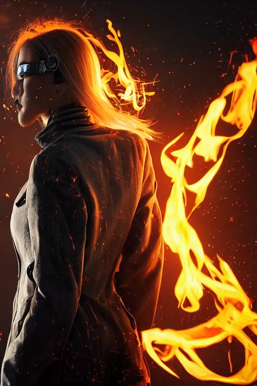 Image similar to beautiful young blonde woman from behind playing with flames coming out of her skin wearing a long matrix style jacket, realistic, high definition, many details, dramatic scene, symmetrical face, realistic eyes, cyberpunk art 2077