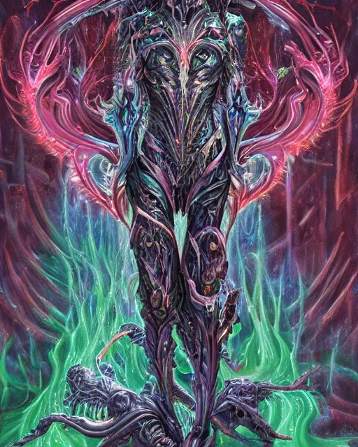 Image similar to silver mechanical charred bloody fleshmetal cyborg daemonhost woman psychedelic flamer of tzeentch with extra arms, blue and green rainbow fire, by antonio j. manzanedo, alex grey, android jones, wayne barlowe, raymond swanland, cyril rolando, josephine wall, harumi hironaka, cronenburg, trending on artstation