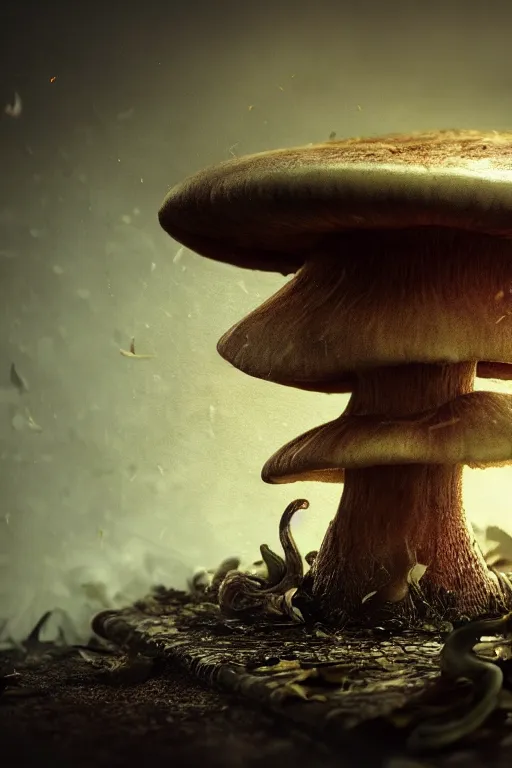 Image similar to a magic mushroom growing from an old dusty book, dramatic lighting, cinematic, establishing shot, extremely high detail, foto realistic, cinematic lighting, post processed, concept art, high details, cinematic, 8k resolution, beautiful detailed, photorealistic, digital painting, artstation, concept art, smooth, sharp focus, artstation trending, octane render, unreal engine