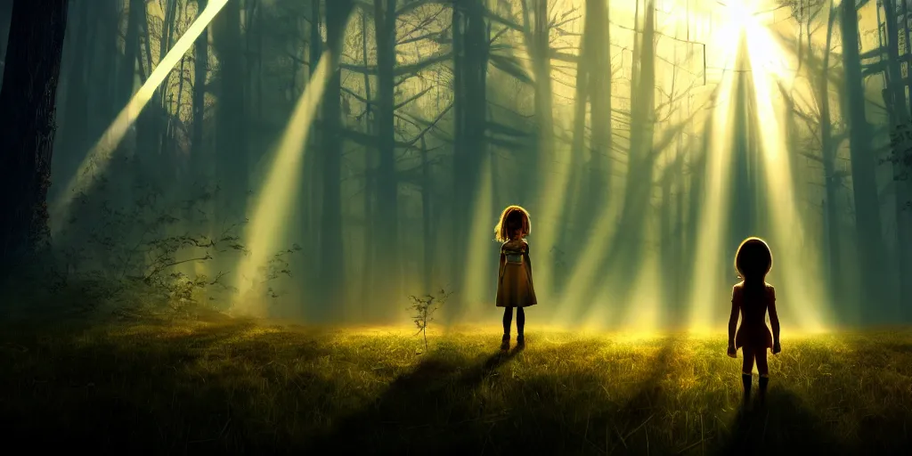 Image similar to sci - fi scene future new york, one little girl holding the hand of an iron giant robot, forest punk, crepuscular rays, epic scene, hyper realistic, photo realistic, overgrowth, cinematic atmosphere, ethereal lighting,