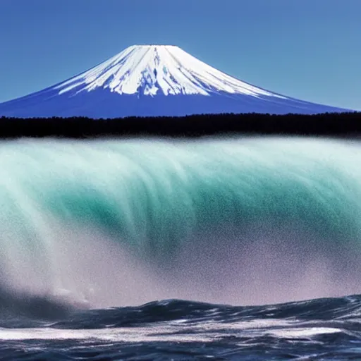 Prompt: Photo of a Giant Wave with mount fuji in the background, wave larger than mount fuji, mount fuji in the distance, highly detailed