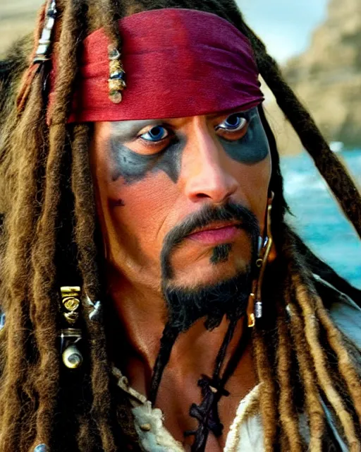 Image similar to Film still close-up shot of Dwayne Johnson as Captain Jack Sparrow from the movie Pirates of the Caribbean. Dwayne The Rock Johnson Photographic, photography