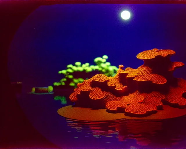 Image similar to low angle shot of a space port at night, aquatic plants, coral, shabby chic, cinematography by Jim Jarmusch, composition by Hale Woodruff,in the style of Nan Goldin, set design by Antonin Gaudí, 35mm, graflex, color film photography