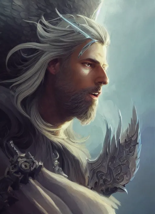 Prompt: Male Aasimar Paladin with shaggy silver hair, brown scruffy beard, energy wings, epic, striking, fantasy, intricate, elegant, highly detailed, digital painting, artstation, concept art, smooth, sharp focus, illustration, art by Krenz Cushart and Artem Demura and alphonse mucha