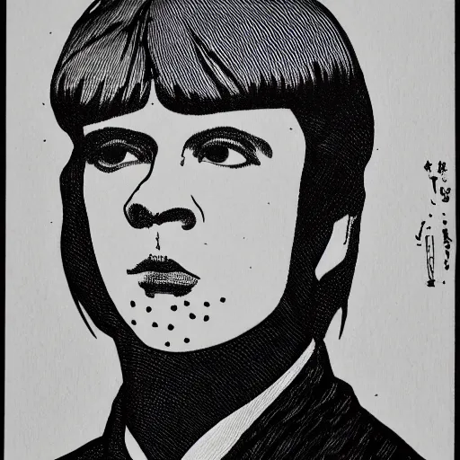 Image similar to Yung Lean, portrait, b&w, woodblock print, by Aubrey Beardsley