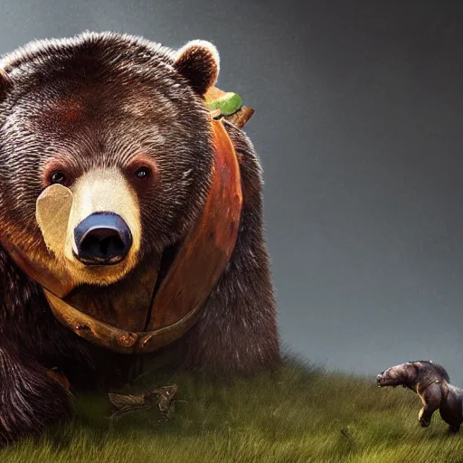 Image similar to realistic bear with red eyes, giant teeth, nature magic, fantasy book, d & d, high detail, 8 k, octane render painting, dark fantasy