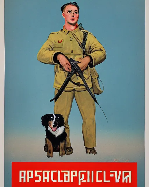 Image similar to soviet propaganda poster of an australian shepherd soldier, soviet art