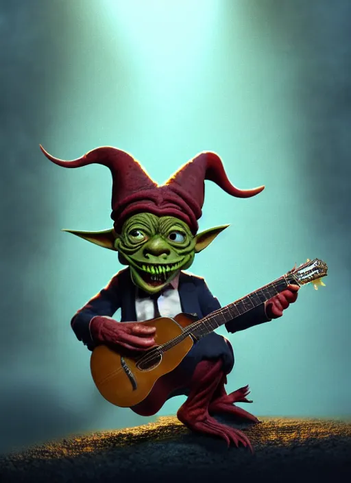 Prompt: a cute sharply dressed goblin playing the blues on an old acoustic guitar, in the style of boris valejo and terry gilliam, fantastic, dramatic lighting, smoke, mist, forest, hyperrealistic, photorealistic, accurate, detailed, octane render