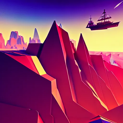 Image similar to super detailed color art, big graphic seiner ship on sunset view with polygonal mountains, unreal engine, high contrast color palette, 3 d render, lowpoly, colorful, digital art, perspective, full volume composition, syd mead