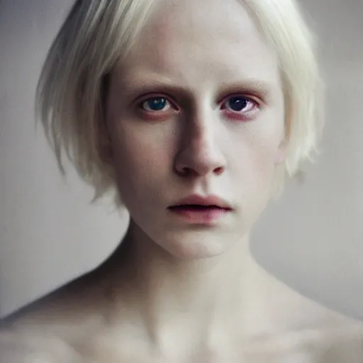 Image similar to portrait photograph of a full platinum blond woman, staring intensely, pale skin, by kyle thompson, realistic, high detail, high quality, trending on pinteresst