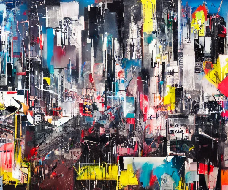 Prompt: acrylic and spraypaint of a metropolitan cityscape at night with wet pavement and reflections, painting, paint drips, acrylic, clear shapes, spraypaint, smeared flowers, origami crane drawings, oil pastel gestural lines, large triangular shapes, painting by ashley wood, basquiat, jeremy mann, masterpiece