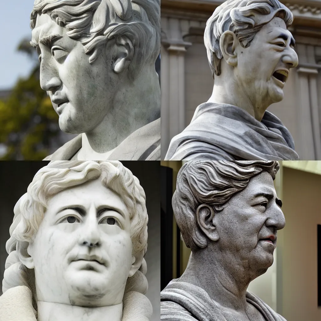 Prompt: A marble statue of Shinzo Abe photograph Roman close angle