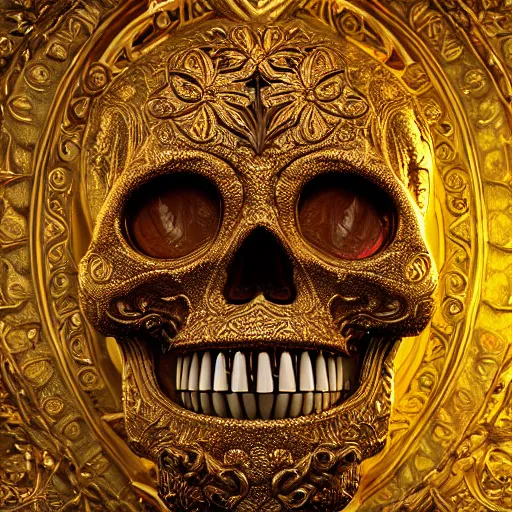 Image similar to a highly detailed photographic render of intricately carved golden sugar skull, intricate golden ornament, gilding, horror, dark fantasy, beautifully lit, ray traced, octane 3D render in the style of Gerald Brom and James Gurney